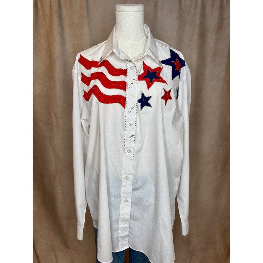 Vintage Klassie Lassie Patriotic Flag Star Shirt Women’s XL USA Button Down Top
